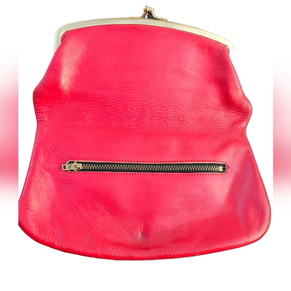 Vintage Small Leather Red Bag Kiss Lock Clasp - Picture 3 of 13